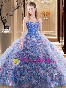 Exquisite Multi-color Fabric With Rolling Flowers Lace Up Sweetheart Sleeveless With Train Quinceanera Gowns Brush Train Embroidery and Ruffles