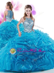 Traditional High-neck Sleeveless Quince Ball Gowns Court Train Ruffles Baby Blue Organza