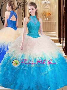 Multi-color High-neck Neckline Lace and Appliques and Ruffles Vestidos de Quinceanera Sleeveless Backless