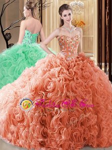 Orange Fabric With Rolling Flowers Lace Up Quince Ball Gowns Sleeveless Floor Length Embroidery and Ruffles