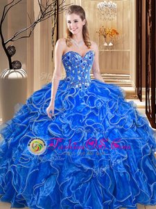 Cute Royal Blue Sleeveless Embroidery and Ruffles Floor Length Sweet 16 Quinceanera Dress