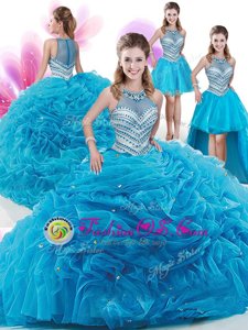 Dramatic Four Piece Ruffles and Pick Ups Sweet 16 Dresses Aqua Blue Zipper Sleeveless With Train Court Train