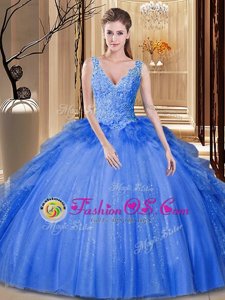 Dynamic Royal Blue Backless V-neck Sequins and Pick Ups 15th Birthday Dress Tulle Sleeveless