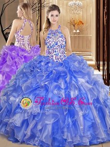 Blue Organza Backless Scoop Sleeveless Floor Length Quinceanera Gowns Embroidery and Ruffles