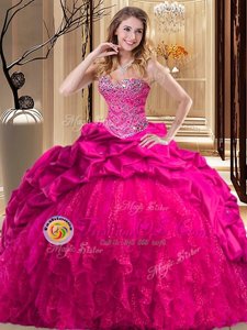 Sleeveless Beading and Ruffles Lace Up 15 Quinceanera Dress with Hot Pink Brush Train