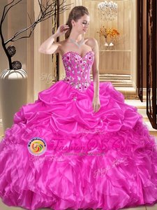 Scoop Sleeveless Tulle Brush Train Zipper Quinceanera Dresses in Fuchsia for with Embroidery and Ruffles