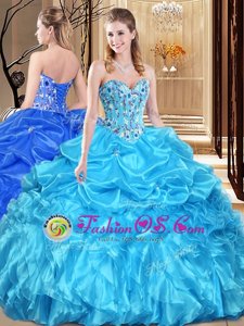 Lace and Appliques Quince Ball Gowns Aqua Blue Lace Up Sleeveless Floor Length