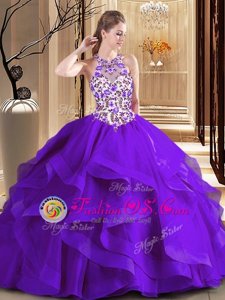 Dynamic Scoop Sleeveless Embroidery Lace Up 15th Birthday Dress with Purple Brush Train