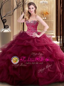 Floor Length Lace Up Vestidos de Quinceanera Burgundy and In for Military Ball and Sweet 16 and Quinceanera with Beading and Ruffles