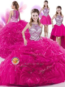 Four Piece Pick Ups Hot Pink Sleeveless Organza Zipper Quinceanera Dresses for Military Ball and Sweet 16 and Quinceanera