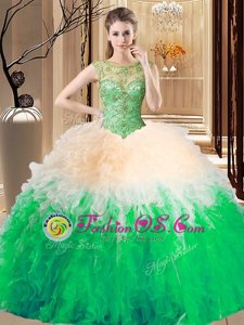 Delicate Multi-color Tulle Backless High-neck Sleeveless Floor Length Quinceanera Dress Beading and Ruffles