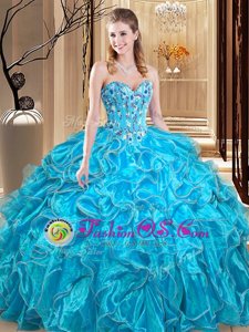 Most Popular Teal Sleeveless Organza Lace Up Ball Gown Prom Dress for Military Ball and Sweet 16 and Quinceanera