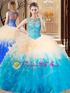Traditional Multi-color Ball Gowns High-neck Sleeveless Tulle Floor Length Backless Beading and Ruffles Sweet 16 Dresses
