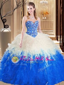 New Style Sleeveless Floor Length Embroidery and Ruffles Lace Up Vestidos de Quinceanera with Blue And White