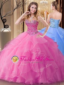 Glorious Rose Pink Lace Up Sweetheart Beading Sweet 16 Dresses Tulle Sleeveless