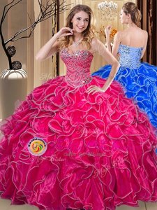 Dazzling Hot Pink Sweet 16 Quinceanera Dress Military Ball and Sweet 16 and Quinceanera and For with Beading and Ruffles Sweetheart Sleeveless Lace Up