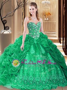 Lace Up Quince Ball Gowns Green and In for Prom and Military Ball and Sweet 16 and Quinceanera with Embroidery and Pick Ups Court Train