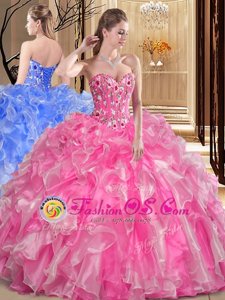 Great Organza Sweetheart Sleeveless Lace Up Embroidery and Ruffles Quinceanera Gowns in Rose Pink