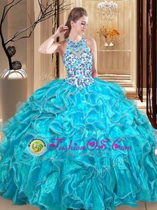 Teal Organza Backless Scoop Sleeveless Floor Length 15th Birthday Dress Embroidery and Ruffles