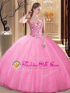 Extravagant Sleeveless Tulle Floor Length Lace Up Sweet 16 Dresses in Rose Pink for with Embroidery
