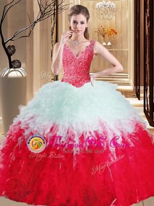 Lace and Appliques and Ruffles Quince Ball Gowns White And Red Zipper Sleeveless Floor Length