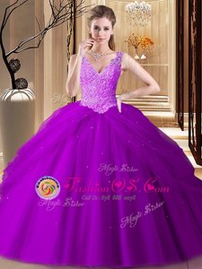 Amazing Sleeveless Tulle Floor Length Backless Sweet 16 Dress in Purple for with Appliques and Pick Ups