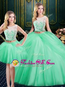 Adorable Three Piece Scoop Sleeveless Floor Length Lace and Pick Ups Lace Up Sweet 16 Dress with Apple Green