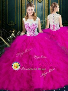 Scoop Fuchsia Tulle Zipper Quinceanera Gowns Sleeveless Floor Length Lace and Ruffles