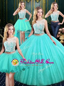 Exceptional Four Piece Sequins Scoop Sleeveless Lace Up Quinceanera Dress Blue Tulle and Sequined
