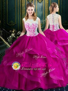 Fuchsia Ball Gowns Tulle Square Sleeveless Lace With Train Clasp Handle Quinceanera Dress Brush Train