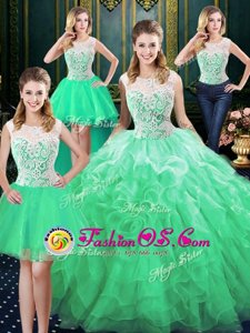 Most Popular Four Piece Scoop Organza Sleeveless Floor Length Sweet 16 Quinceanera Dress and Lace and Ruffles