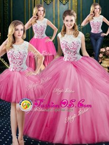 Designer Four Piece Scoop Sleeveless Floor Length Lace and Appliques and Pick Ups Zipper 15 Quinceanera Dress with Rose Pink