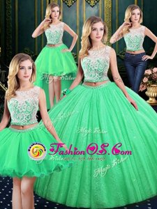 Four Piece Tulle and Sequined Lace Up Scoop Sleeveless Floor Length 15 Quinceanera Dress Lace and Sequins