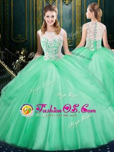 Scoop Sleeveless Ball Gown Prom Dress Floor Length Lace and Pick Ups Apple Green Tulle
