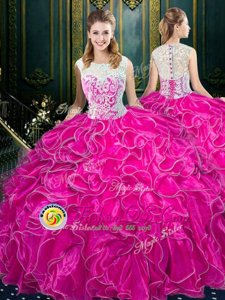 Scoop Sleeveless Floor Length Lace and Ruffles Zipper Vestidos de Quinceanera with Fuchsia