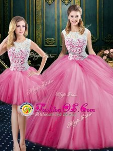 Three Piece Scoop Pick Ups Floor Length Ball Gowns Sleeveless Pink Quinceanera Dress Zipper