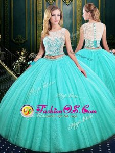 Dazzling Sequins Floor Length Blue Sweet 16 Quinceanera Dress Scoop Sleeveless Lace Up