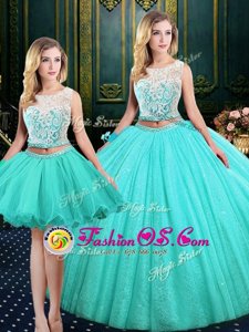 Lovely Three Piece Scoop Blue Lace Up Quinceanera Gown Lace and Sequins Sleeveless Floor Length