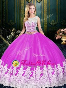 Scoop Floor Length Zipper Quinceanera Gown Fuchsia and In for Military Ball and Sweet 16 and Quinceanera with Lace and Appliques