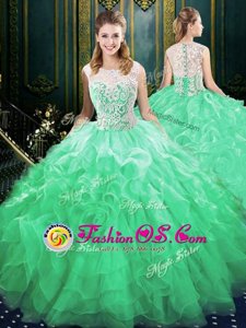 Gorgeous Scoop Green Sleeveless Brush Train Appliques and Ruffles Quinceanera Gown