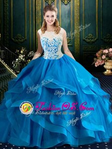 Lovely Scoop Blue Ball Gowns Lace 15 Quinceanera Dress Zipper Tulle Sleeveless With Train