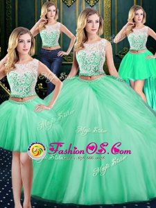 Great Four Piece Apple Green Ball Gowns Tulle Scoop Sleeveless Lace and Pick Ups Floor Length Zipper 15th Birthday Dress