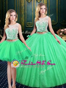 Luxurious Three Piece Scoop Sleeveless Lace and Sequins Lace Up 15 Quinceanera Dress