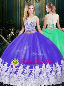 Tulle Scoop Sleeveless Zipper Lace and Appliques Sweet 16 Quinceanera Dress in Purple