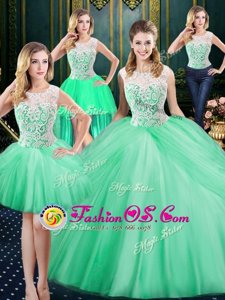Four Piece Scoop Sleeveless Floor Length Lace and Pick Ups Zipper Quinceanera Dresses with Apple Green