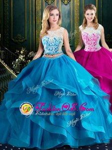 Dazzling Scoop Baby Blue Tulle Zipper Quinceanera Dress Sleeveless With Brush Train Lace and Ruffles