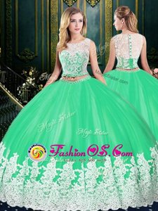 Extravagant Tulle Scoop Sleeveless Zipper Lace and Appliques Quinceanera Gown in Apple Green