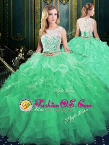 Sophisticated Scoop Green 15th Birthday Dress Organza Court Train Sleeveless Lace and Appliques and Ruffles