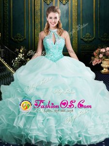 Apple Green Halter Top Clasp Handle Beading and Lace and Ruffles 15 Quinceanera Dress Brush Train Sleeveless