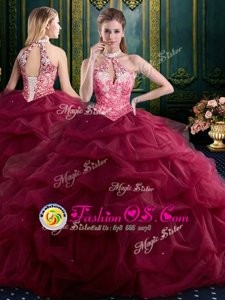 Wine Red Halter Top Lace Up Beading and Ruffles and Pick Ups Quinceanera Gowns Sleeveless